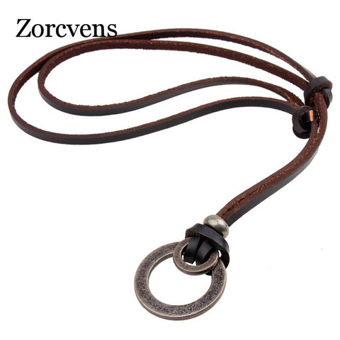 ZORCVENS New Arrival Fashion Long Genuine Brown Leather Vintage Hoops Men Pendant Necklace Women Men Male Female Jewelry ► Photo 1/6