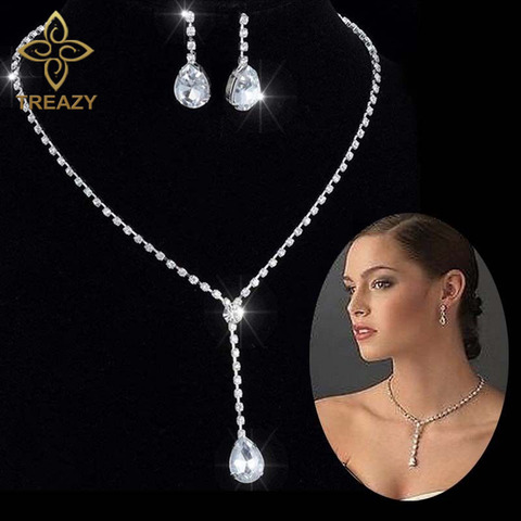 TREAZY Celebrity Inspired Style Crystal Teardrop Long Necklace Earrings Set Silver Color Wedding Bridal Bridesmaid Jewelry Set ► Photo 1/6