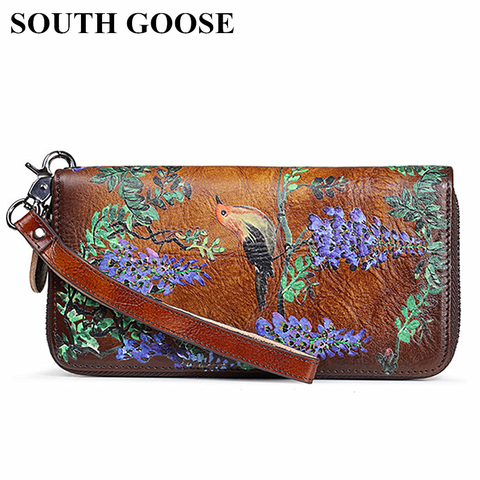 SOUTH GOOSE Genuine Leather Women Wallet Luxury Long Purse Birds Embossing Clutch Bag High Quality Female Card Holder Phone Bag ► Photo 1/6