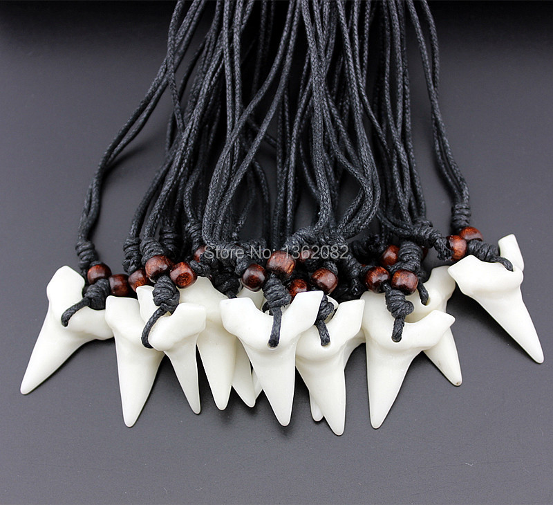 1Pcs Wax Cord Necklace Jewelry Faux Yak Bone Tooth Teeth Pendant Wood Beads