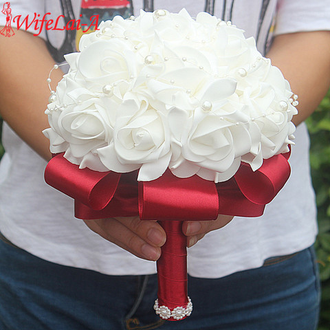 Buy Online Cheap Pe Rose Bridesmaid Wedding Foam Flowers Rose Bridal Bouquet Ribbon Fake Wedding Bouquet De Noiva Customized Alitools