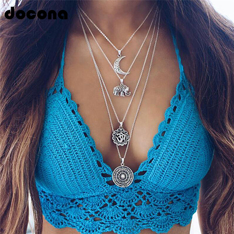 Docona Bohemian Necklace Moon Elephant Ancient Pendent Silver Color Long Alloy Chain Choker Statement Necklace Collar Femme 4498 ► Photo 1/5