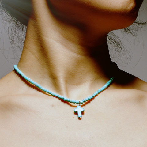 New Arrival Natural Turquoises Stone Chokers Necklaces For Women Charm Light Blue&White Pendant Necklace Prayer Cross Necklace ► Photo 1/6