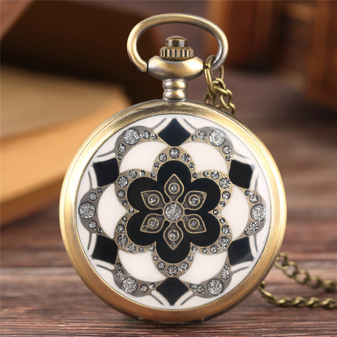 Vintage Bronze Copper White Jade Flower Crystal Big Quartz Pocket Watch Women Necklace Pendant Chain Birthday Gifts Lovely Clock ► Photo 1/6