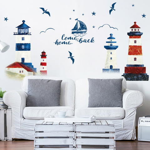 Sea sailboat Lighthouse Wall Stickers Background decoration bedroom living room TV sofa Mural Wallpaper Art Decals sticker ► Photo 1/6