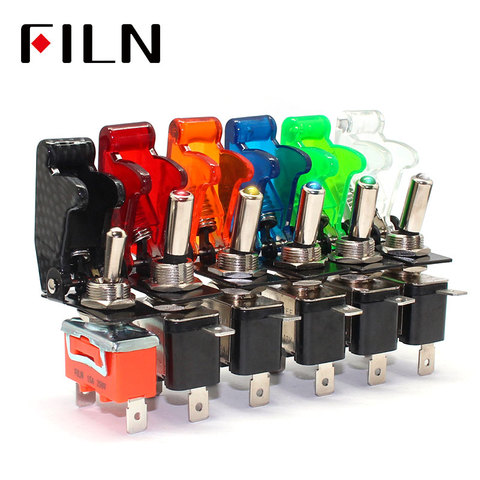 FILN  Rocker switch Auto Car Boat Truck Illuminated Led Toggle Switch With Safety Aircraft Flip Up Cover Guard 12V20A ASW-07D ► Photo 1/6