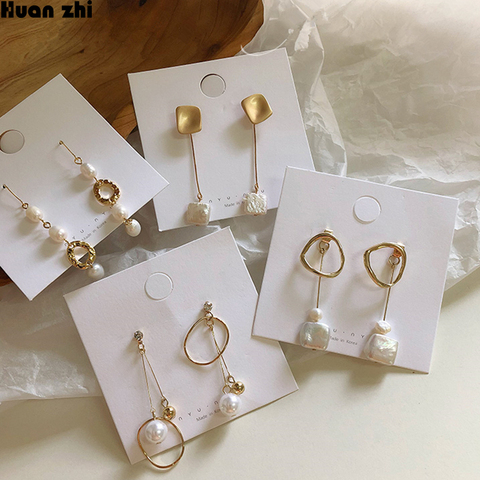 HUANZHI Vintage Irregular Geometric Gold Metal Circle Square Natural Freshwater Pearl Long Drop Earrings for Women Girl Party ► Photo 1/6