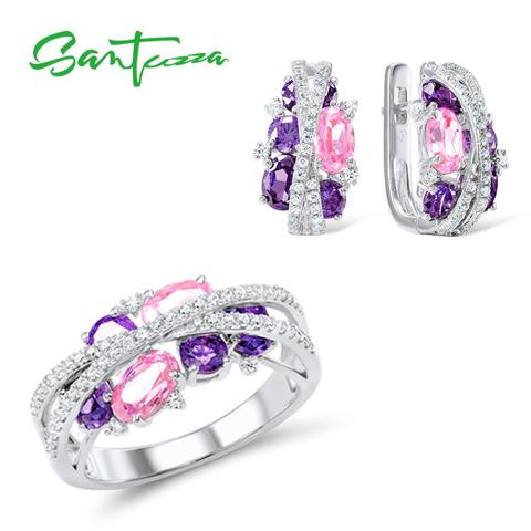 SANTUZZA 925 Silver Jewelry Set for Women Sparkling Purple Amethyst Pink Cubic Zirconia Earrings Ring Set Luxury Fine Jewelry ► Photo 1/6