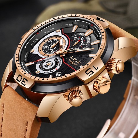 2022 LIGE Mens Watches Top Brand Luxury Casual Leather Quartz Clock Male Sport Waterproof Watch Gold Watch Men Relogio Masculino ► Photo 1/6