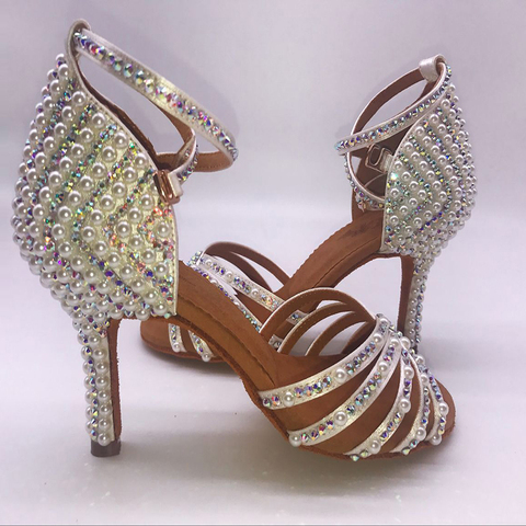 2022 Sneakers BD 311 Girls Latin Dance Shoes Soft Bottom Adult Latin Shoes Diamond Shoe Add Drill Ballroom SALSA Pearl White HOT ► Photo 1/6