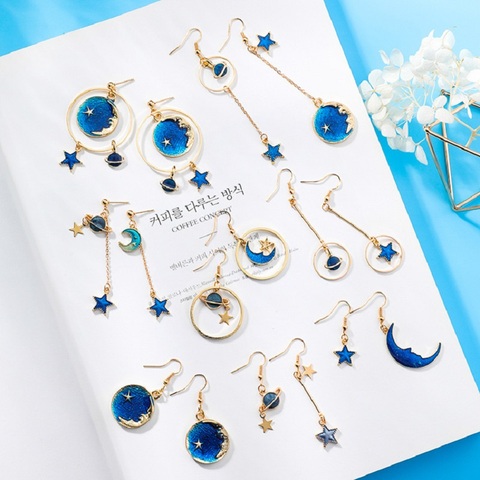 New Fashion Blue Space Universe Moon Star Earrings For Women Gold Color Universe Planet Circle Asymmetry Long Earrings ► Photo 1/6