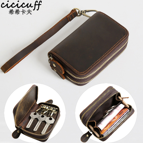 CICICUFF Genuine Leather Key Case Vintage Leather Car Key Wallets with 6 Key Holder Keys Organizer Housekeeper Pouch Men Large ► Photo 1/6