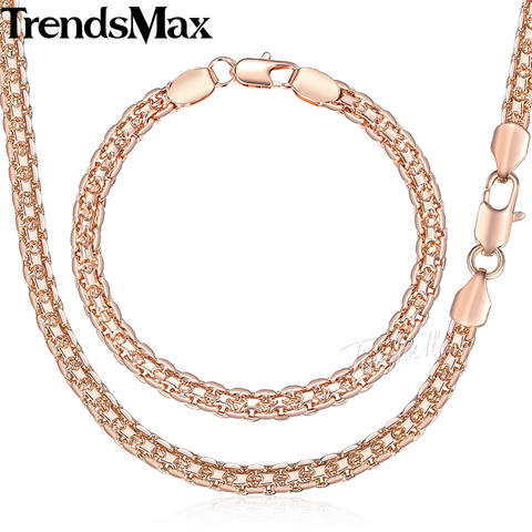 Trendsmax 5mm Jewelry Set Necklace Bracelet for Women Men 585 Rose Gold Weaving Bismark Link Fashion Jewelry 2022 Gift KGS275 ► Photo 1/5
