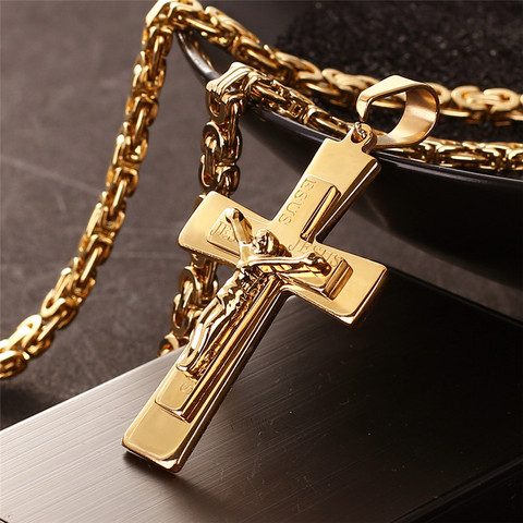 Men's Necklace Big Cross Pendant & Chain Mens Gold Color Stainless Steel Christian Necklaces Male Iced Out Bling Jewelry ► Photo 1/6
