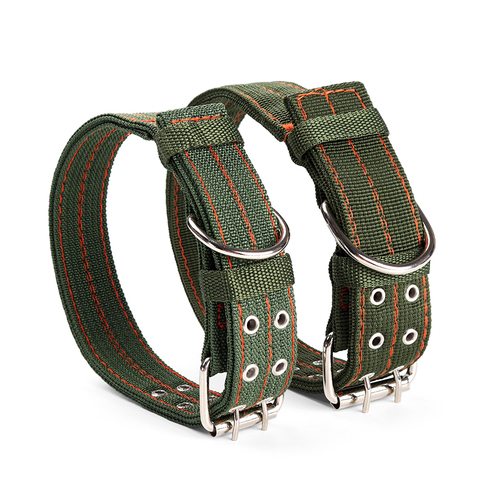 L/XL Strong Canvas Nylon Dog Collar Army Green Double Row Adjustable Buckle Pet Collar For Medium Large Dogs ► Photo 1/6