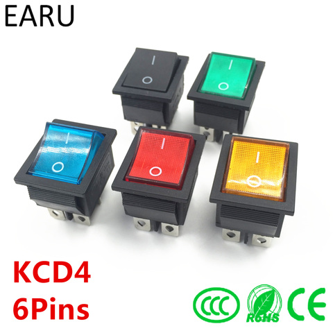 Latching Rocker Switch Power Switch I/O 6 Pins With Light 16A 250VAC 20A 125VAC KCD4 Green Red Yellow Blue Black Boat DPST ► Photo 1/1