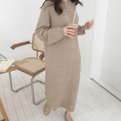 Women Autumn Winter Long knitted Sweater Dress Female Pullover Long Sleeve Straight Oversized  Round Collar ► Photo 1/5