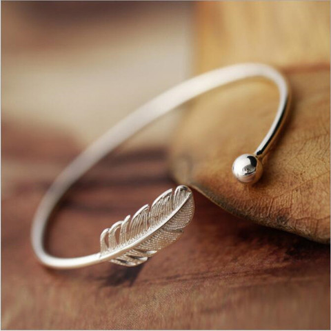 New Fashion 925 Sterling Silver Jewelry Not Allergic High-quality Female Simple Feather Small Ball Open Bracelet   SB9 ► Photo 1/4