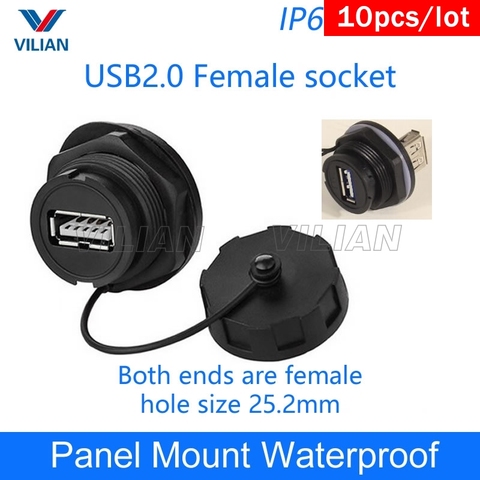 USB female socket plug Panel Mount adapter USB 2.0 3.0 Waterproof Connector IP67 extension cord connector With cap 10 units ► Photo 1/1