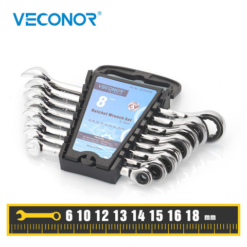 Veconor 8 pieces 6-18mm ratcheting combination wrench spanner set a set of key wrench with plastic tool storage rack ► Photo 1/1