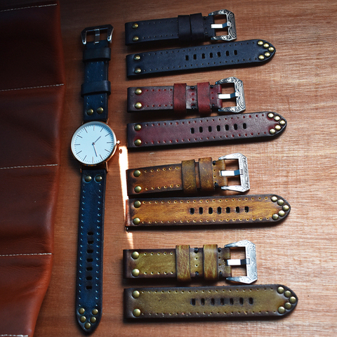 Watch Bracelet Band 18mm 20mm 22mm 24mm Watch Strap Vintage Leather Thick Watchband with Rivet for Watch Accessories KZC02 ► Photo 1/6
