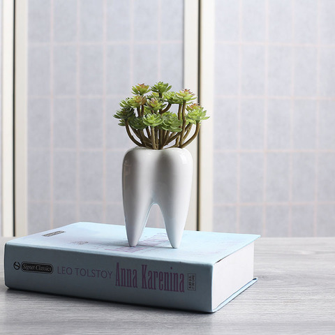 I pc Tooth Shape White Ceramic Flower Pot Modern Design Planter Teeth Model Mini Desktop Pot Creative Gift(without plants) ► Photo 1/6