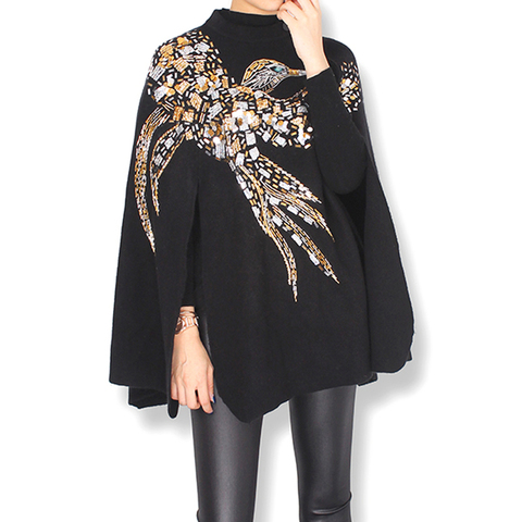 2022 winter knitted Cashmere Cloak Coat birds eagle pattern handmade beading sequins embroidered Women Shwal Batwing Sleeve Coat ► Photo 1/6