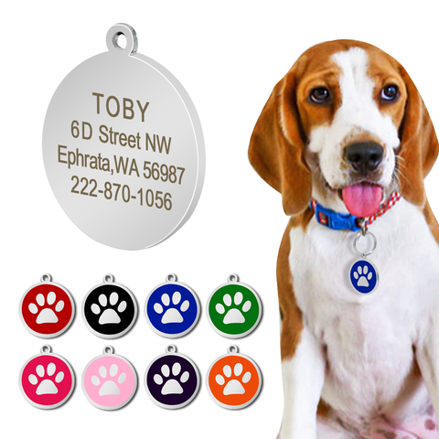 Buy Online Stainless Steel Personalized Paw Dog Id Dog Accessories Metal Customized Round Pet Dog Id s Plate Pet 8 Colors Alitools