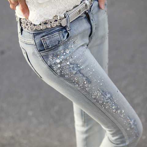 lady jewelry diamond embroidered street denim pants women light