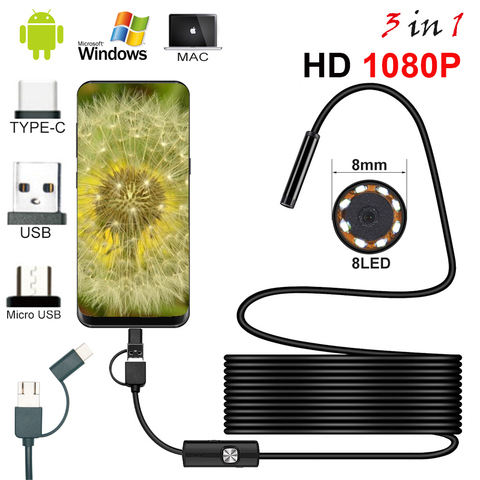 New 8mm Endoscope Camera 1080P HD USB Endoscope With 8 LED 1/2/5M Flexible Cable Waterproof Inspection Borescope for Android PC ► Photo 1/6