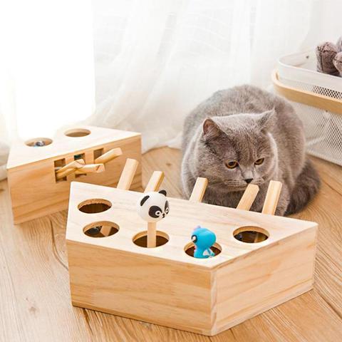 Cat Hunt Toy Chase Mouse Solid Wooden Interactive Maze Pet Hit Hamster With 3/5-holed Mouse Hole Catch Bite Catnip Funny Toy ► Photo 1/6