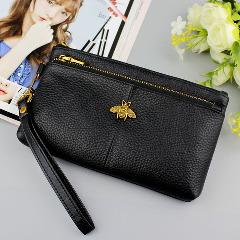 100% Genuine Leather Women's Wallet Fashion Zippers Bag Long Coin bee Purse Wristband Female Clutch Ladies Real Leather Wallets ► Photo 1/6