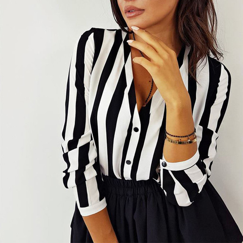 2022 New Blouse Women Casual Striped Top Shirts Blouses Female
