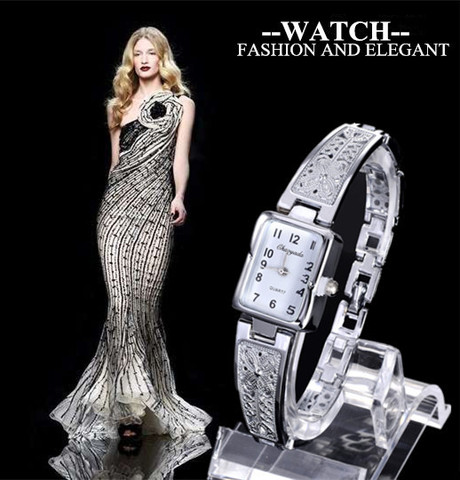 Women Vintage Luxury Gold + Silver Watches Elegant Quartz Fashion Rectangle Dial Watch Carved Pattern Bracelet Casual WristWatch ► Photo 1/6