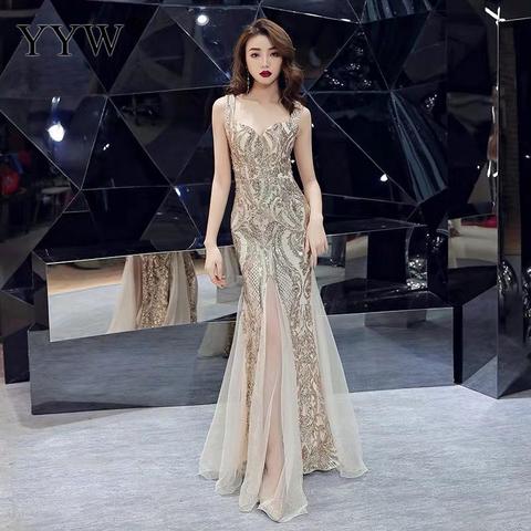 Shinny Gold Sequined V Neck Sleeveless Elegant Evening Dresses