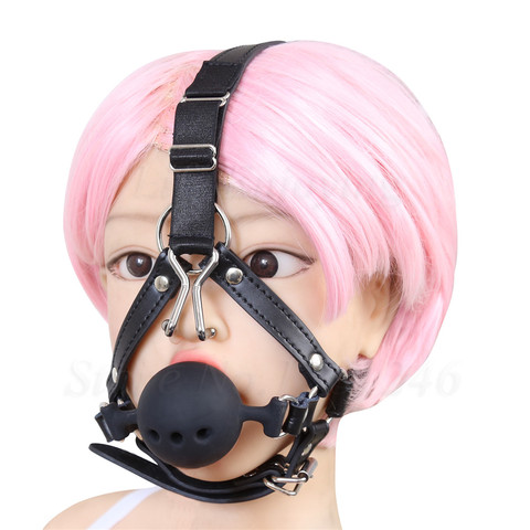 Leather Head Hood Fetish Bondage Silicone Open Mouth Bite Gag Nose Hook BDSM Restraint Oral Sex Toy For Woman Couples Slave Game ► Photo 1/6