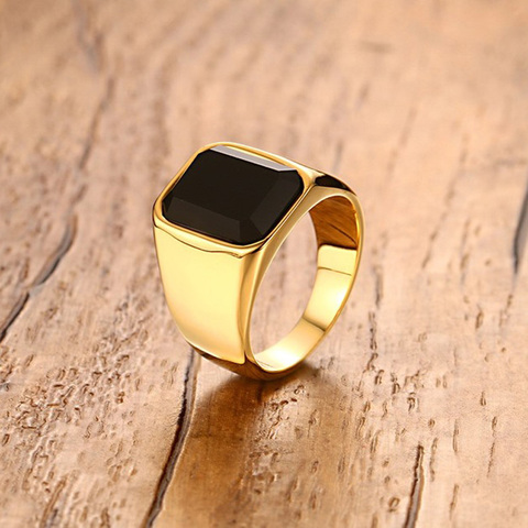Men Rings Stainless Steel Signet Ring with Black Stone for Men Wedding Band Gold color Jewelry anel masculino ► Photo 1/6