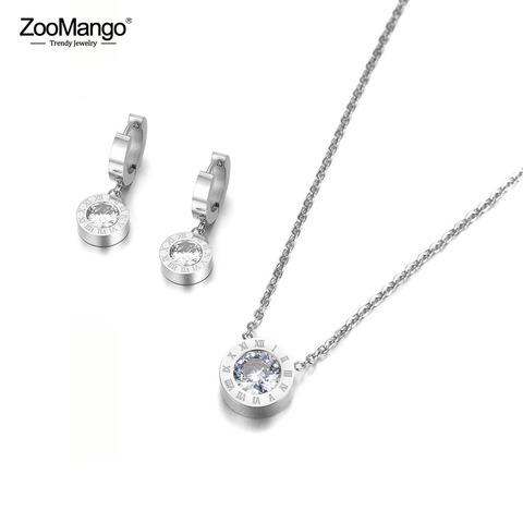 ZooMango Roman Numerals Cubic Zirconia Pendant Necklace Earrings Ring Jewelry Sets Titanium Steel For Wedding Bands ZSE007P ► Photo 1/6