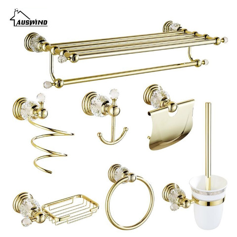 Antique Gold Brass Polished Bathroom Hardware Set Crystal Bathroom Accessories set Er1 Wall Mounted Bathroom Products Set ► Photo 1/6
