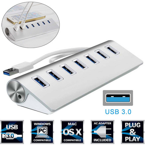 7 Port Aluminum USB 3.0 HUB 5Gbps High Speed Power Adapter For PC Laptop Mac NEW ► Photo 1/5