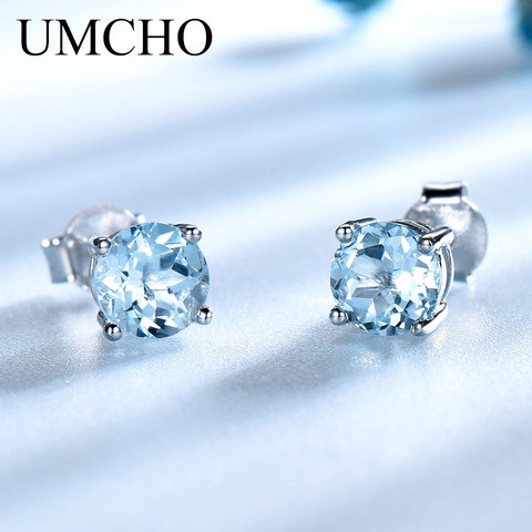 UMCHO Solid Real 925 Sterling Silver Jewelry Created Sky Blue Topaz Stud Earrings For Women Birthday Gifts Fine Jewelry ► Photo 1/6