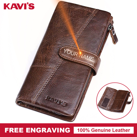 KAVIS Free Engravin Genuine Leather Wallet Men Coin Purse Long Male Clutch Walet Portomonee Man Women Handy Card Holder for Name ► Photo 1/1
