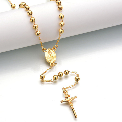 Gold Beads Rosary Blessed Goddess Pendant Necklace Hip Hop Golden Cross Jesus Necklace Christian Catholic Religious Jewelry ► Photo 1/5