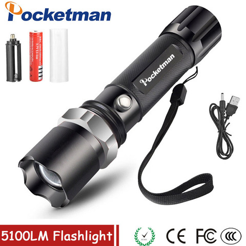 LED flashlight Tactical Flashlight 5100Lumens XM-T6 Zoomable 5 Modes Lanterna LED Torch 18650 Rechargeable For Camping ► Photo 1/6