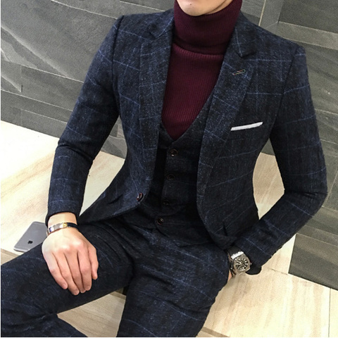 3 Pieces 2022 Suits Men British New Style  Designs Royal Blue Mens Suit Autumn Winter Thick Slim Fit Plaid Wedding Dress Tuxedos ► Photo 1/6