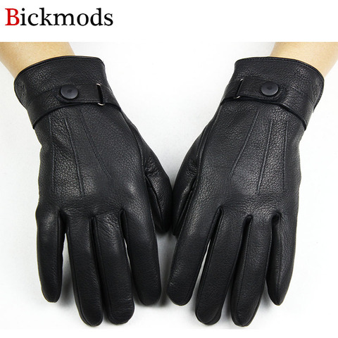 deerskin gloves men thick autumn and winter warm stripes button style Outdoor ride driving leather finger gloves ► Photo 1/1