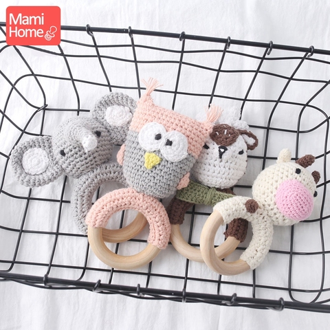 1Pc Baby Rattle Crochet Animal Baby Teether Wooden Ring Handmade Toy BPA Free Wood Teething Bracelet Nurse Gift Baby Product Toy ► Photo 1/6