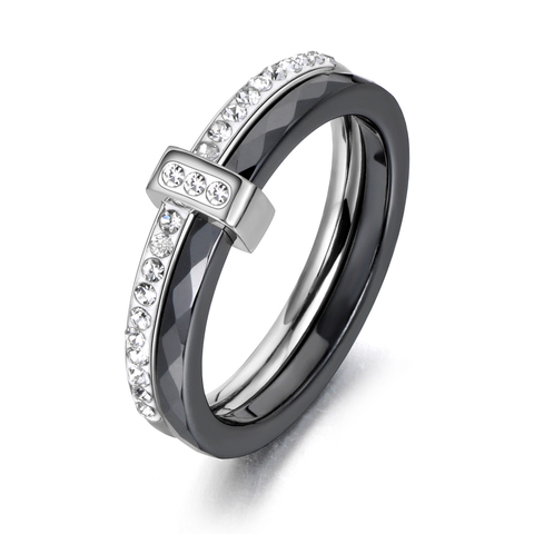 JeeMango 2 Layers Black/White Ceramic Crystal Wedding Rings Jewelry Rose/White Gold Stainless Steel Rhinestone Engagement Ring ► Photo 1/6