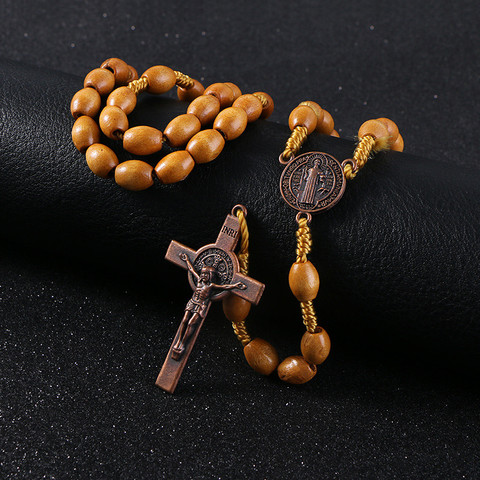 KOMi Handmade Weave Saint Benedict Medal Antique Wooden Rosary Cross Necklace Vintage Catholic Religious Jesus Jewelry R-156 ► Photo 1/6