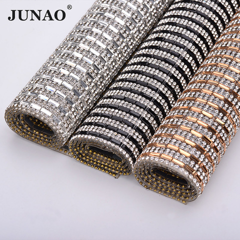 JUNAO 24*40cm Clear Black Hotfix Glass Rhinestone Mesh Trim Crystal Fabric Sheet Strass Ribbon Clothes Applique Jewelry Crafts ► Photo 1/6